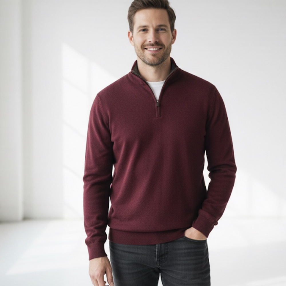 Nordstrom‘s 100% Merino wool washable Oxblood gray collar half zip sweater XL